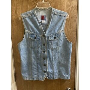 Vintage Sun Belt Denim Women's Distressed Vest Size L Shirred Back Metal Buttons